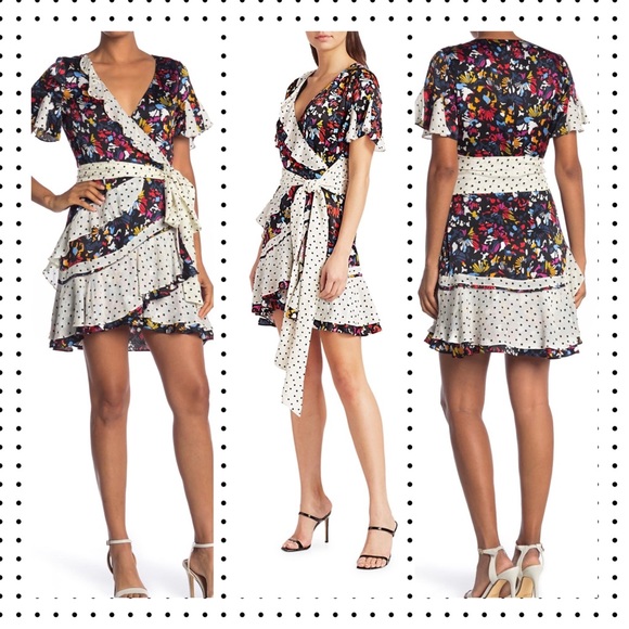 NWT Tanya Taylor - Bianka Mixed Print Wrap Mini Dress 6 - Picture 4 of 12